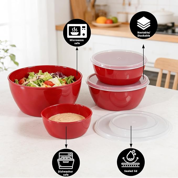 4-Piece Classic Plastic Prep Bowls with Lids, Nesting Plastic Small Mixing Bowl Set for Mixing, Baking, Prepping, Cooking and Serving Food, Microwave and Dishwasher Safe - Image 5