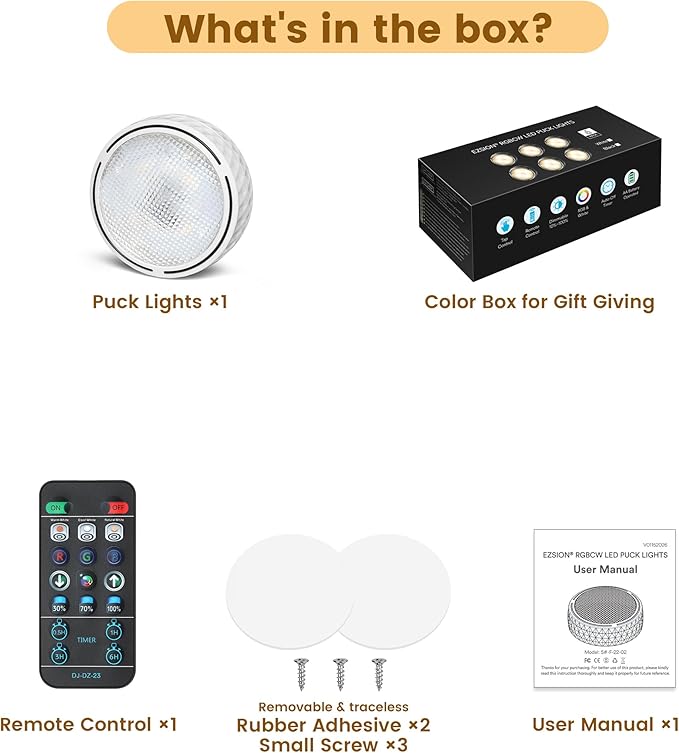Under Cabinet Lighting, Battery Operated LED Puck Lights with Remote & Timer, Warm White & RGB Color Changing Stick on Tap Push Light for Kitchen Counter, Shelf, Display Case, 1 Pack, White
