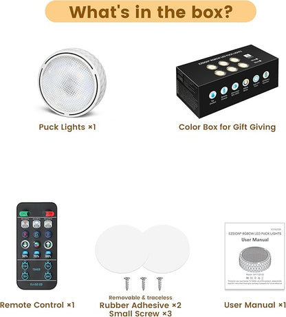 Under Cabinet Lighting, Battery Operated LED Puck Lights with Remote & Timer, Warm White & RGB Color Changing Stick on Tap Push Light for Kitchen Counter, Shelf, Display Case, 1 Pack, White