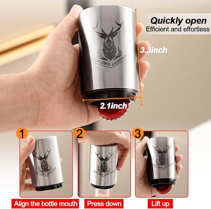 Automatic Beer Bottle Opener 2PCS with Magnetic Cap Openers, Stainless Steel Push Down and Pop Off One Handed Opening Bottle Openers for Kitchen Home, Bar Restaurant, Bartender abridor de cerveza