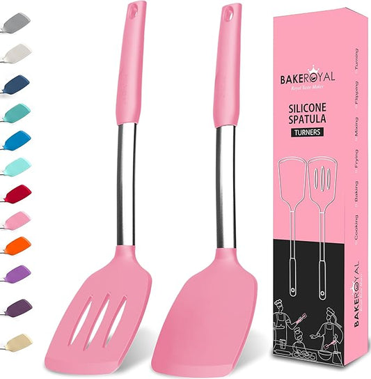 BakeRoyal Silicone Spatula Set - Turner Spatulas Silicone Heat Resistant 600°F - Slotted & Solid Spatula for Cooking Fish, Eggs, Pancakes Flipper – Spatulas for kitchen use – Pink by BAKEROYAL