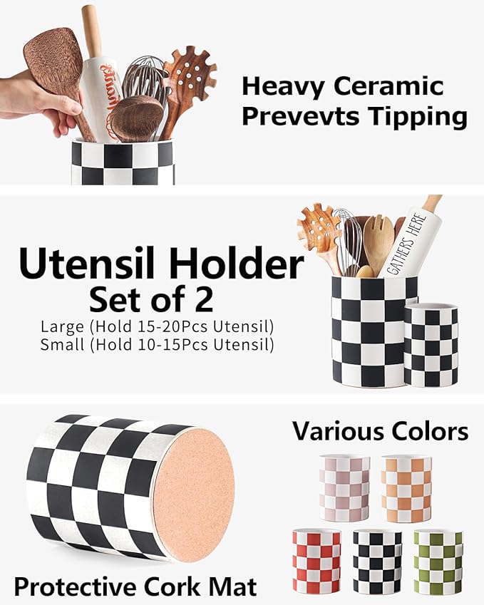 Checkered Kitchen Utensil Holder - 7.1"+5.8" Ceramic Utensil Crock for Countertop, Kitchen Decor and Accessories for counte (Black) - Image 3