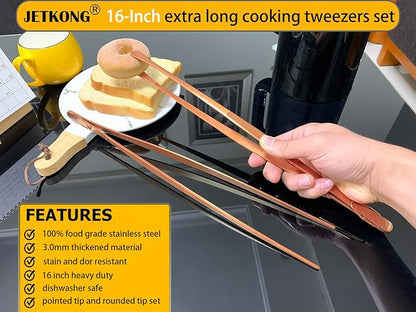 JETKONG 2 Pcs 16-Inch Extra-Large Kitchen Tweezers and Tongs - Giant Stainless Steel Food Tweezers - Rose Gold - Image 3