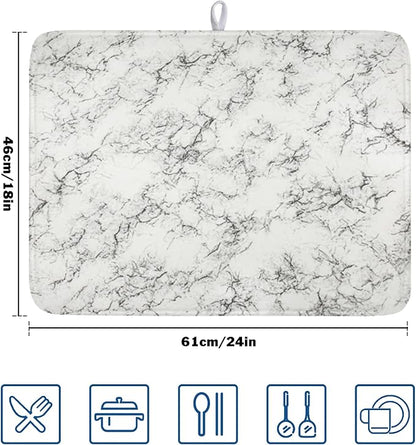 White Grey Marble Dish Drying Mat for Kitchen Counter Modern Marble Pattern Microfiber Dish Drainer Mat Absorbent Washable Drying Pad Extra Large 18"x24"