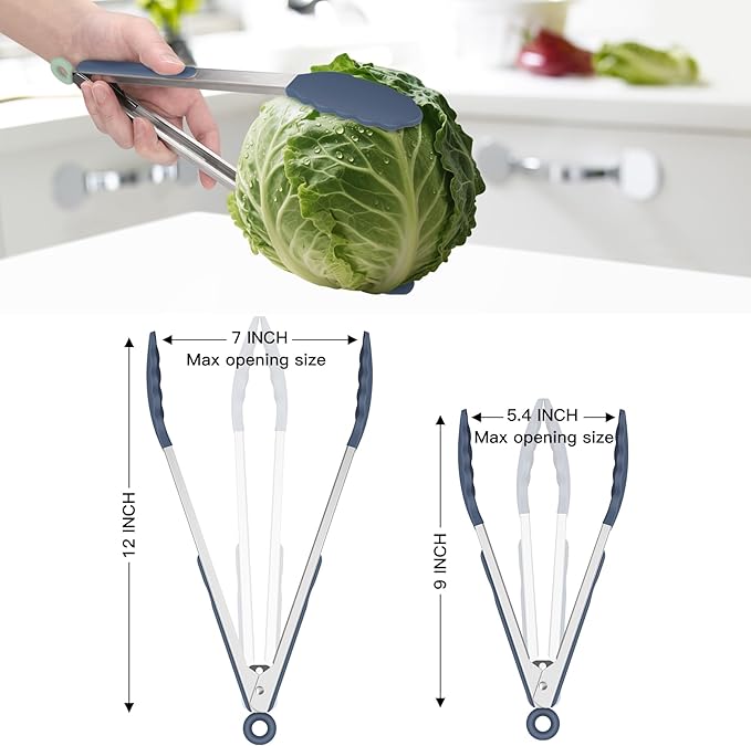 HOTEC Premium Stainless Steel Locking Kitchen Tongs with Silicon Tips, Set of 2-9" and 12",Dusty Blue - Image 3