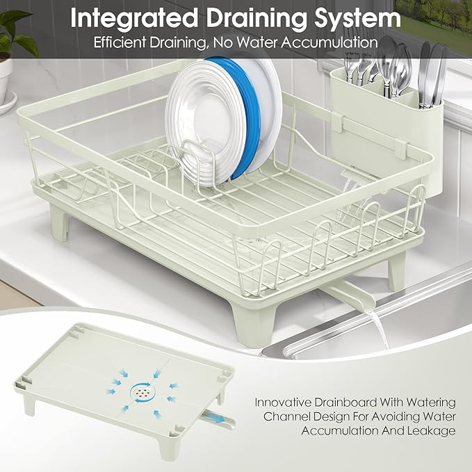 Urackify Dish Drying Rack for Kitchen Counter, Sink Dish Rack with Drainboard, Large Dish Drainer with Cups Holder, Home Countertop Plate Dryer Storage Rack with Cutlery Holder, Soft Celery Green - Image 6