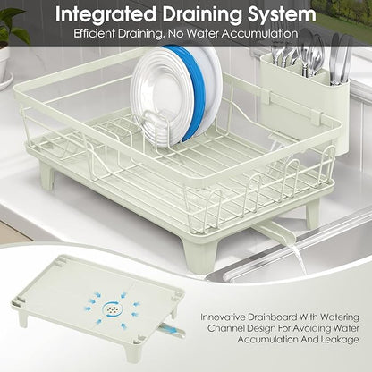 Urackify Dish Drying Rack for Kitchen Counter, Sink Dish Rack with Drainboard, Large Dish Drainer with Cups Holder, Home Countertop Plate Dryer Storage Rack with Cutlery Holder, Soft Celery Green - Image 6