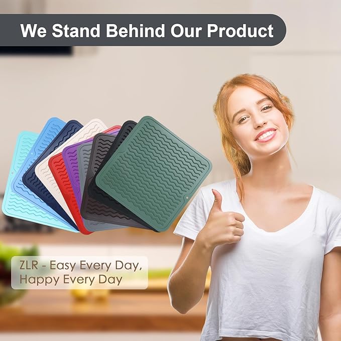ZLR 2 Pcs Silicone Dish Drying Mat 12" x 12" Square - Small Heat Resistant Trivet & Countertop Protector for Air Fryer, Coffee Maker - Waterproof Kitchen Drain Pad for Cups, Fruit (Dark Gray) - Image 6