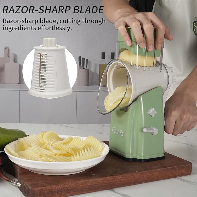 Upgrade Rotary Cheese Grater Shredder with Handle, Strong Suction Base, Multi-purpose Rotary Grater Slicer with 5 Interchangeable Blades for Ice, Vegetables, Fruit, Nuts with Blade Storage Box - Image 7