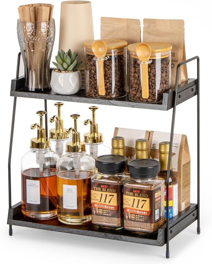ANBOXIT 2-Tier Coffee Station Organizer, Wooden Kitchen Counter Shelf - Black by ANBOXIT