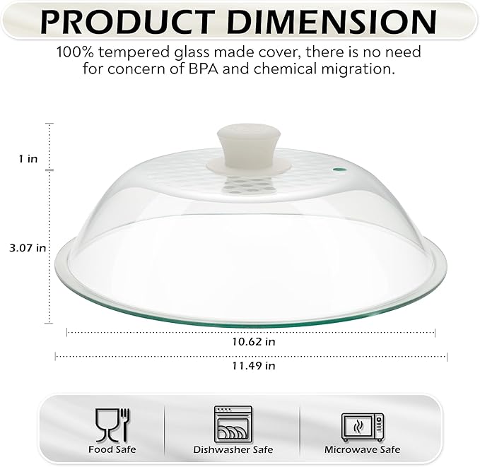 OEC Lighter Weight Tempered Glass Microwave Splatter Cover - 11.5 inch (Inner Diameter 10.6”) - Heat-Resistant -Durable Glass Lid with Vent, Silicone Knob, Dishwasher Safe, 100% Food Grade - BPA Free - Image 2