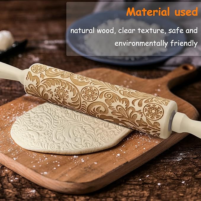Embossed Wooden Rolling Pin, Embossing Rolling Pin for Baking Fondant, Pizza, Pie, Pastry, Pasta, Dough, Cookies, Suitable Christmas, Father and Mother's Gift
