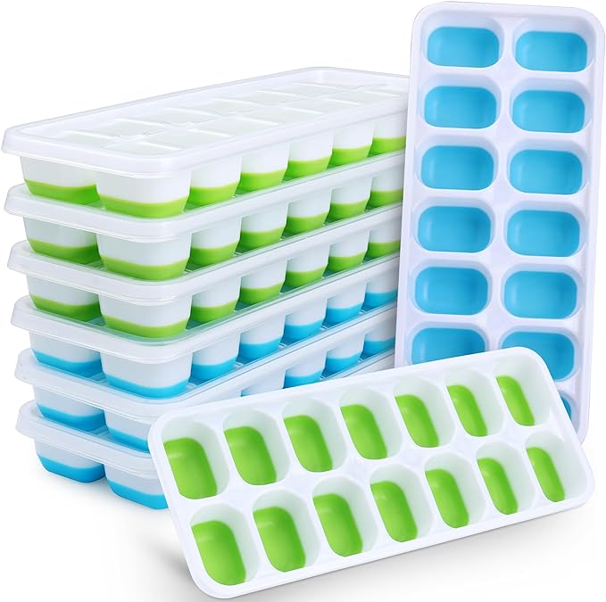 Silicone Ice Cube Tray, 8 Pack Easy-Release & Flexible 14-Ice Cube Trays with Spill-Resistant Removable Lid, Stackable Ice Trays with Covers for Freezer, Cocktail (4 Blue + 4 Green) by Jrisbo