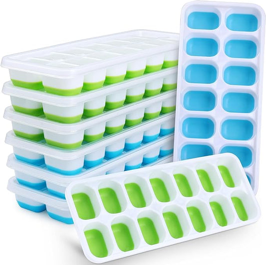 Silicone Ice Cube Tray, 8 Pack Easy-Release & Flexible 14-Ice Cube Trays with Spill-Resistant Removable Lid, Stackable Ice Trays with Covers for Freezer, Cocktail (4 Blue + 4 Green) by Jrisbo