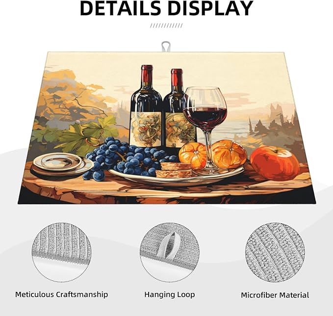 Art Wine Bottle Dish Drying Mat XL Microfiber Kitchen Drying Mat Large Dish Drying Mats for Kitchen Counter Absorbent Quick Drying Pad 18x24 Inch