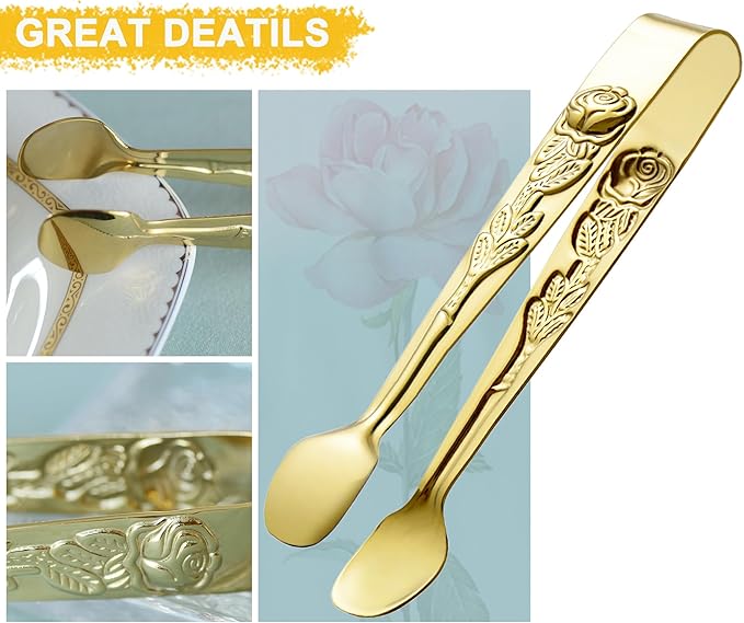 HINMAY 6PCS Mini Serving Tongs 5-Inch Small Rose Sugar Cube Appetizer Tongs, Tiny Metal Tong for Tea Party, Coffee Bar, Desserts (Gold)