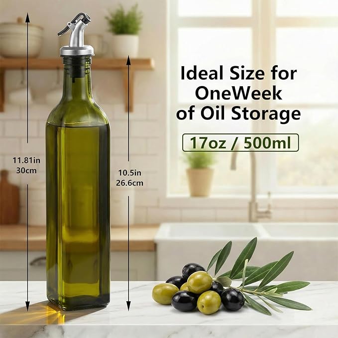 WERTIOO 4Pack Green Olive Oil Dispenser Bottle, 17 OZ Glass Oil Dispenser for Kitchen, 500ml Glass Bottles for Vinegar Oliveoil with Label and Funnel - Image 2