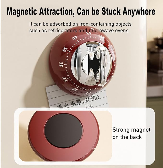 Visual Kitchen Timer for Cooking,Chef Cooking Timers Clock with Loud Alarm,Timers for Classroom, Home and Study,Mechanical Desk Timer,No Batteries Required，Magnetic Back (Red)