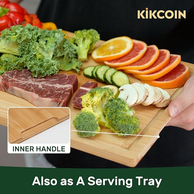 Kikcoin 17”×11” Bamboo Cutting Boards for Kitchen, Healthy Wooden Cutting Boards for Kitchen, Charcuterie, Vegetables, Cheese, Extra Large Chopping Boards with Deep Juice Groove and Handle, Natural - Image 5