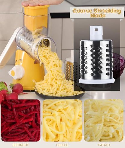 Ourokhome Rotary Cheese Grater Hand Crank, Kitchen Shredder Speed Mandolin Slicer Nut Grinder with Handle and Drum Blades for Cheese, Vegetable, Walnut, Chocolate, Potato, Carrot, 3 Blades, Yellow - Image 4