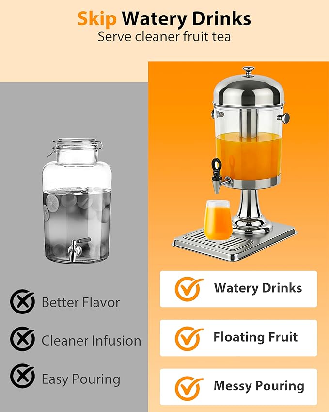 Beverage Dispenser with Stand,2 Gallon Drink Dispenser for Parties,Events,Buffet &Self-Serve,Dual Ice Tube Core Fruit Infuser,Leakproof Spigot,Clear PC Container,Stainless Steel Lid&Base - Image 6