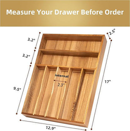 Besilord Silverware Organizer Kitchen Drawer Organizer Utensil Organizer Acacia Silverware Holder Cutlery Organizer in Drawer Flatware Organizer Tray(7 slots, Acacia - Image 2