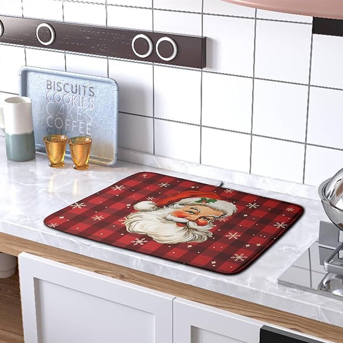 Santa Claus Christmas Dish Drying Mat Xmas Red and Black Buffalo Plaid Snowflake Drying Mats Winter Holiday Dishes Drying Pad Microfiber Absorbent Dish Drainer Rack Mat 18x24 Inch - Image 5