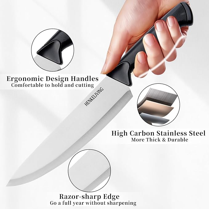 Knife Set, 6-Piece Kitchen Knife Set, German High Carbon Stainless Steel, Durable & Easy Clean Knife Block, Black - Image 3
