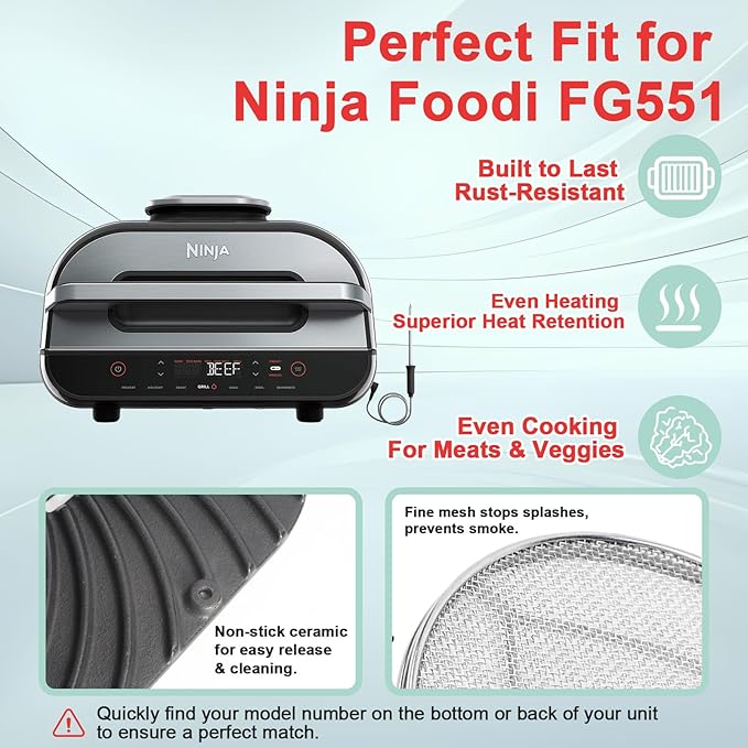 Grill Grate & Splatter Shield for Ninja Foodi FG551 DG551 Grill Accessories, Cast Iron Griddle Plate & Stainless Steel Splatter Screen for Ninja Foodi Smart XL 6-in-1 Grill Replacement Parts Non-stick