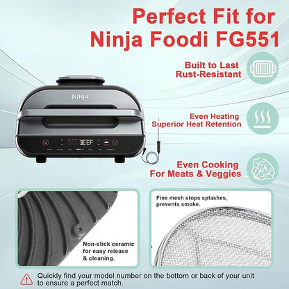 Grill Grate & Splatter Shield for Ninja Foodi FG551 DG551 Grill Accessories, Cast Iron Griddle Plate & Stainless Steel Splatter Screen for Ninja Foodi Smart XL 6-in-1 Grill Replacement Parts Non-stick