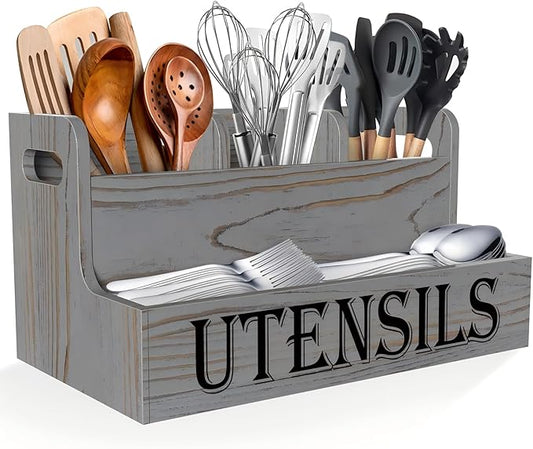 Suli Kitchen Utensils Holder, Wooden Utensil Organizer for Kitchen Countertop, Farmhouse Utensil Storage, Rustic Cooking Utensils ,4 Compartments,- Grey Grain