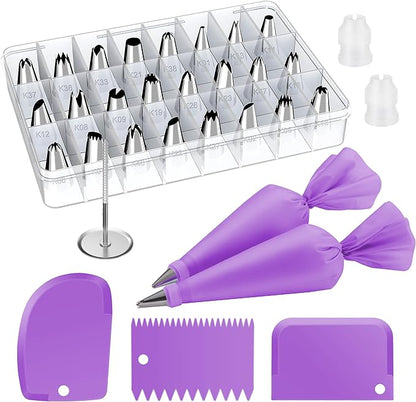 Kootek 32-Piece Piping Bags and Tips Set with 24 Icing Piping Tips, 2 Reusable Pastry Bags 12 Inch, Reusable Piping Icing Bags and Tips, Cake Decorating Kit for Frosting Cookie, Cupcake by Kootek