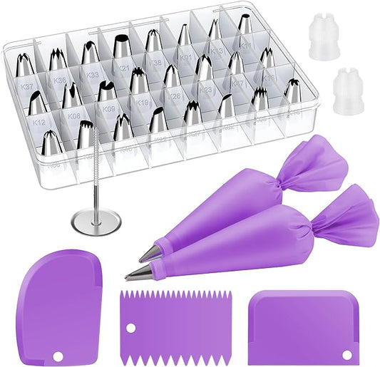 Kootek 32-Piece Piping Bags and Tips Set with 24 Icing Piping Tips, 2 Reusable Pastry Bags 12 Inch, Reusable Piping Icing Bags and Tips, Cake Decorating Kit for Frosting Cookie, Cupcake by Kootek