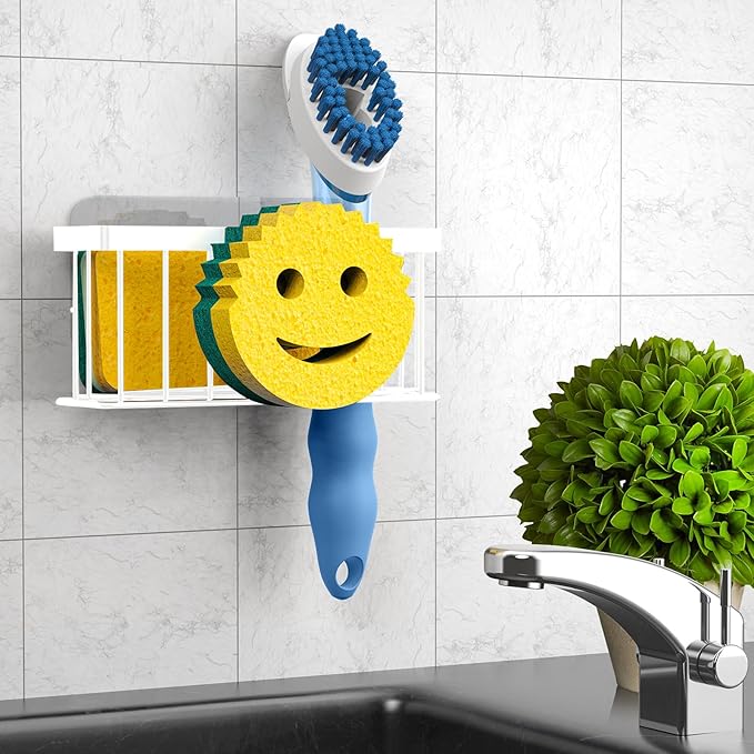 MURLONG Sponge Holder Smiley Face,Sink Caddy,Kitchen Organizer with 2 Suction Cups/1 Adhesive Strips,Designed for Sponge,Soap,Dish Brush,Scrubber - White - Image 6