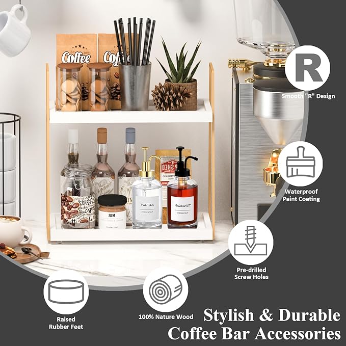 Coffee Bar Organizer for Countertop, Multifunctional Coffee Station Organizer for Accessories Storage, 2 Tier Wooden Shelf for Coffeebar, Countertop, Corner - Image 5