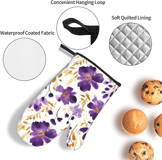 Spring Purple and Gold Floral Oven Mitts and Pot Holders Sets of 3, Non-Slip Heat Resistant Watercolor Flower Design Kitchen Gloves, Gifts for Women Cooking, Elegant Kitchen Decor for Baking Cooking - Image 6