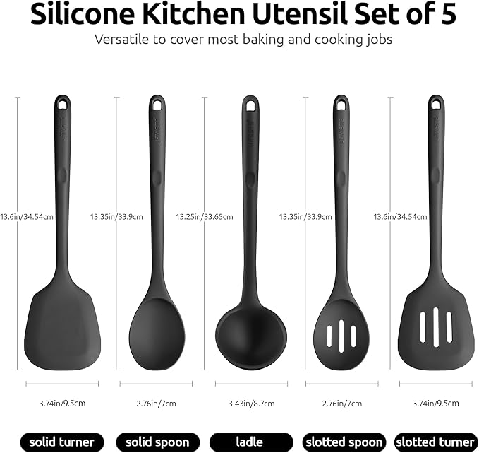 Silicone Kitchen Cooking Utensil Set: U-Taste High Heat Resistant 13.6in Long Kitchen Gadgets, BPA Free Non Stick Rubber Cook Accessories For Stir Frying, Serving, Basting, Mixing (5 Pieces, Black) - Image 2