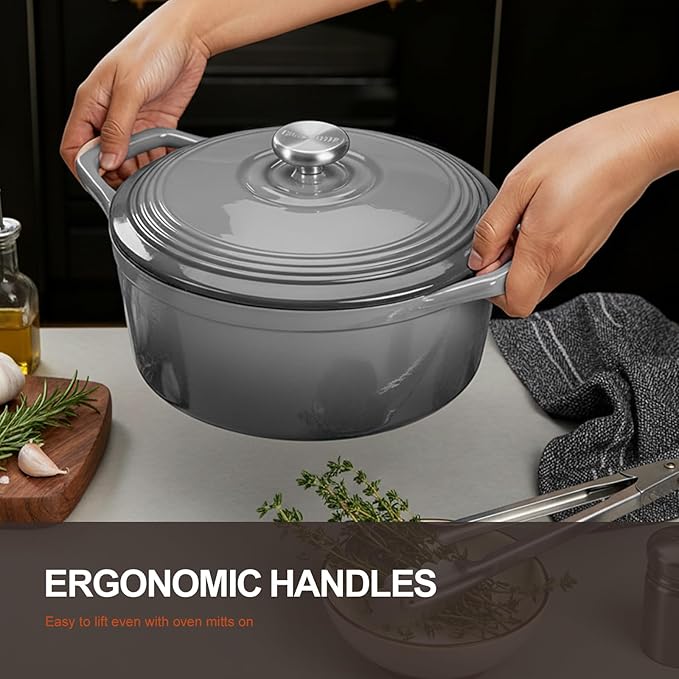 Overmont Enameled Cast Iron Dutch Oven - 5.5QT Pot with Wide Handles Lid Cookbook & Cotton Potholders - Heavy-Duty Pre-Seasoned Cookware Oven Safe to 500°F for Braising, Stews, Roasting, Sourdough Baking Grey - Image 2