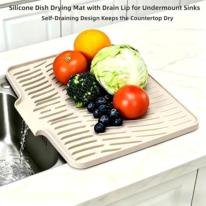 Silicone Dish Drying Mat for Kitchen Counter Sink,16"x13" Beige Rubber Dish Drying Mat with Drain Lip & Lanyard,Non-Slip dish drying Pad,silicone drying mat dish drain mat - Image 3