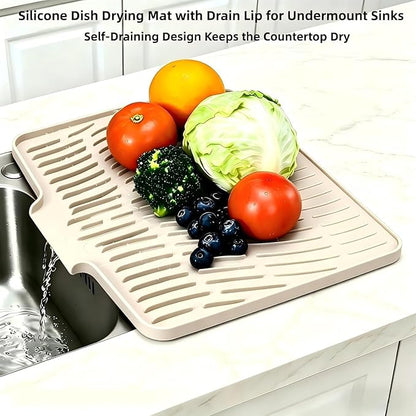 Silicone Dish Drying Mat for Kitchen Counter Sink,16"x13" Beige Rubber Dish Drying Mat with Drain Lip & Lanyard,Non-Slip dish drying Pad,silicone drying mat dish drain mat - Image 3