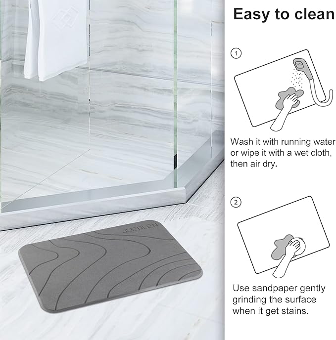 JUERLEN 2 Pack Diatomaceous Earth Shower Mat, Stone Bath Mat, Nonslip Super Absorbent Fast-Drying Hard Bath Mat for Bathroom Shower Floor, 24 x 16 inch, Grey Wave Design