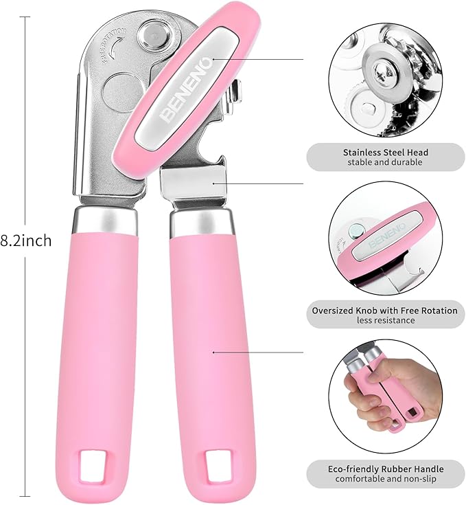 Beneno Heavy Duty Hand Can Opener Manual with Magnet, Durable Sharp Carbon Steel Blade Smooth Cutting, Big Effort-Saving Knob & Soft Grip Handle, Multifunctional Kitchen Tool with Bottle Opener, Pink - Image 2