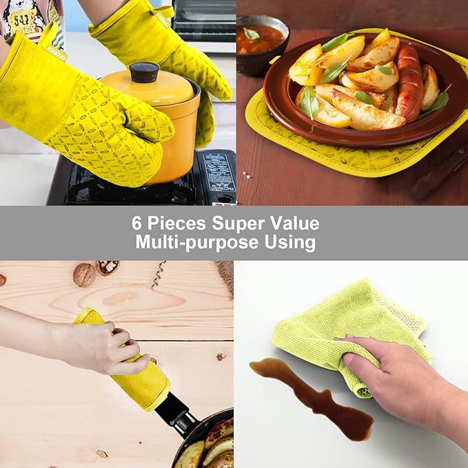 KEGOUU Oven Mitts and Pot Holders 6pcs Set, Kitchen Oven Glove High Heat Resistant 500 Degree Extra Long Oven Mitts and Potholder with Non-Slip Silicone Surface for Cooking (Yellow) - Image 7