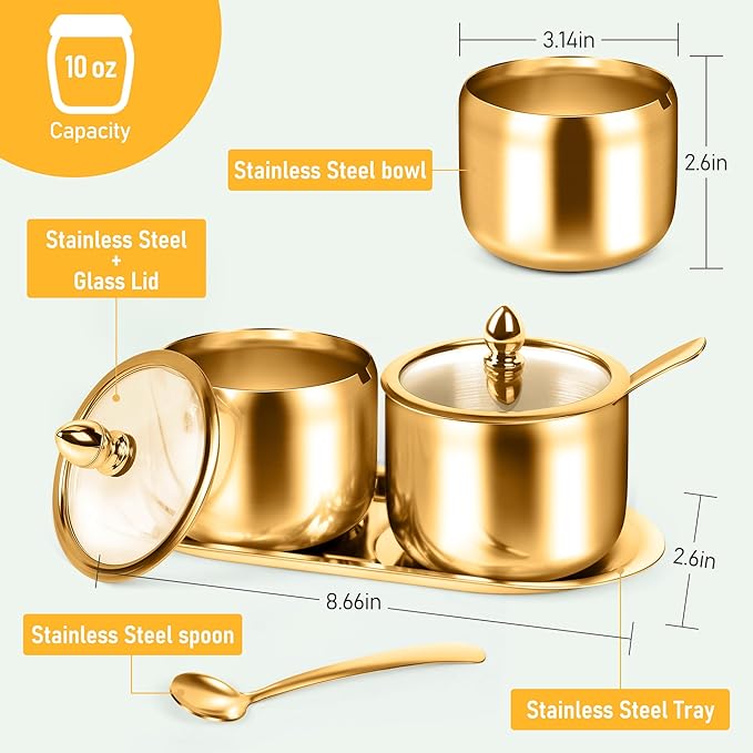 holoith 2 Pcs Coffee and Sugar Dispenser with Tray - 10 oz Sugar Bowl with Glass Lid and Spoon for Coffee Bar Accessories Kitchen Storage for Salt,Coffees Bean,Brown Sugar Cubes (Gold) - Image 3