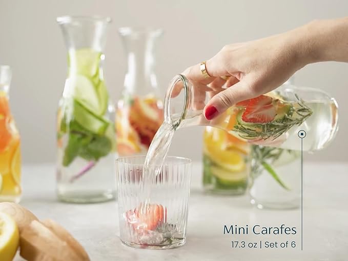 Glass Carafe Pitchers, by Kook, Mini Carafes- set of 6, Beverage Dispensers, Clear Jugs For Mimosas, Water, Wine, Milk and Juice, with Plastic Lids, Dishwasher Safe 17.3 oz - Image 4