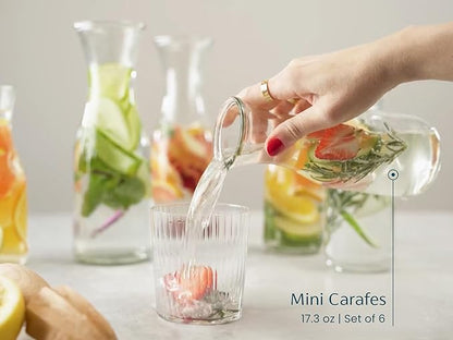 Glass Carafe Pitchers, by Kook, Mini Carafes- set of 6, Beverage Dispensers, Clear Jugs For Mimosas, Water, Wine, Milk and Juice, with Plastic Lids, Dishwasher Safe 17.3 oz - Image 4