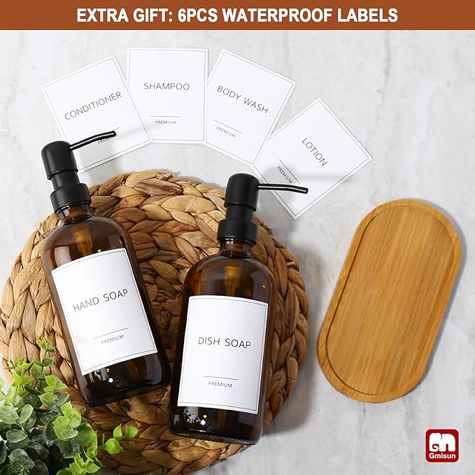 GMISUN Amber Glass Soap Dispenser, 2 Pack Bathroom Hand Soap Dispensers with Bamboo Tray, 17 Fl Oz Kitchen Hand and Dish Soap Dispenser Set, Modern Vintage Liquid Brown Soap Dispensers Bottle - Image 7