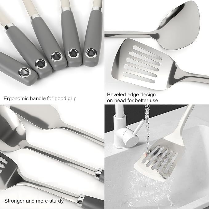 10 Piece Stainless Steel Cooking Utensils Set - 18/0 Heavy Duty Kitchen Tools for Grilling & Serving (Grey) - Image 4
