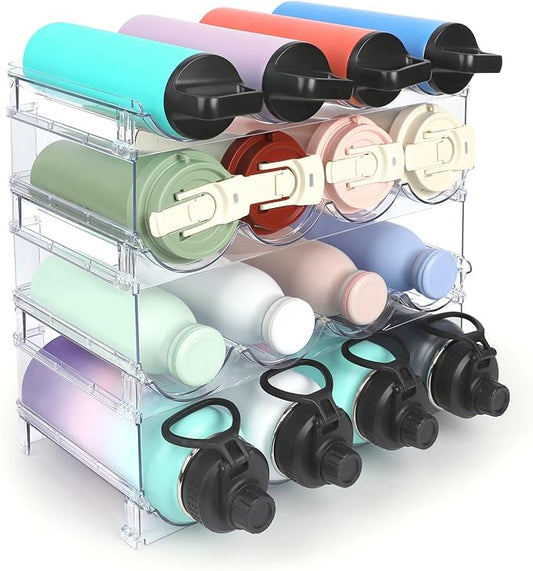 Stackable Water Bottle Organizer, 4-Tier Clear Large Compartment Holder with Stable One-Piece Side-Panel Design, Prevents Tipping & Rolling for Cabinet & Kitchen Storage, Holds 16 Bottles