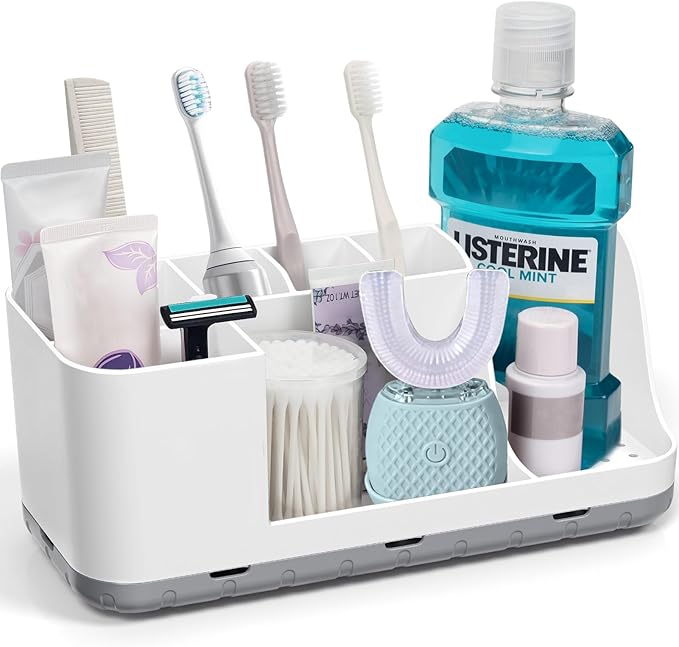 QIYVLOS Bathroom Organizers and Storage, 8 Slots Detachable Toothbrush Holders for Bathrooms, Anti-Slip Bathroom Countertop Organizer with Drainage Hole Vanity Storage (Ivory)